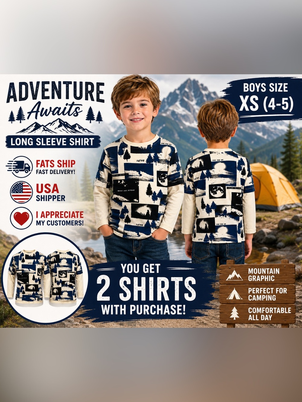 2x’s Art Class Boys Mountains Graphic Long Sleeve Cream Size XS (4-5) 🔥NWT